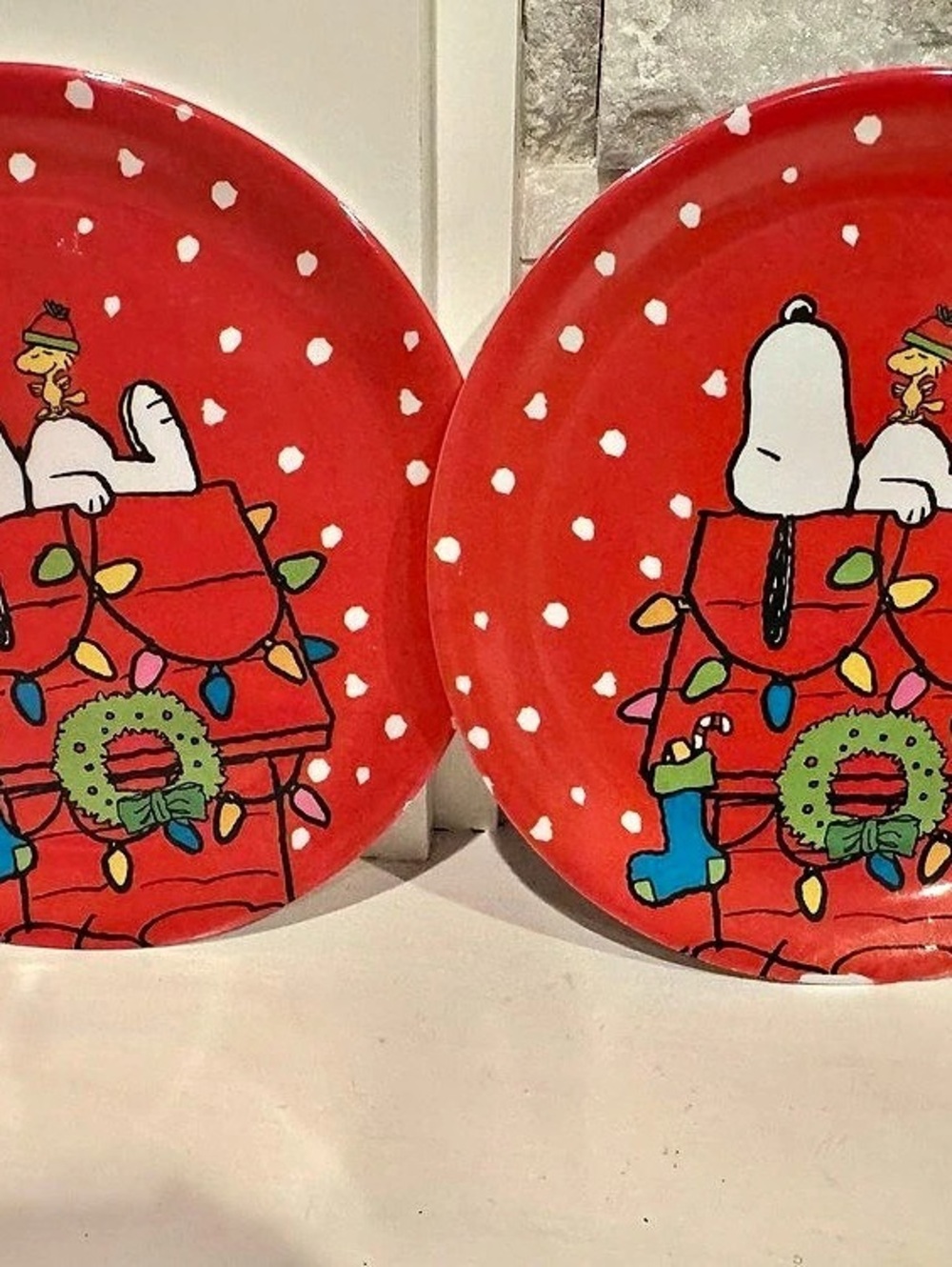 Peanuts Snoopy Christmas Decorative Plates Red & White - set of 2